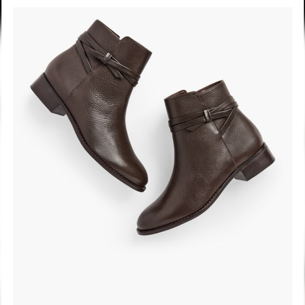 New, Talbots Tish Wrap Tie Brown Pebbled Leather Ankle Boots sz 11
